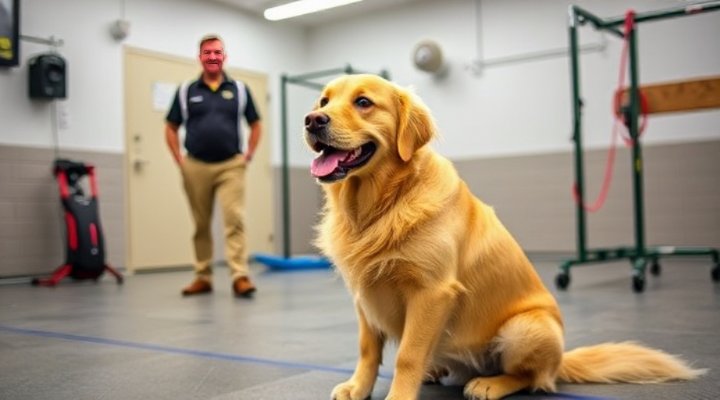 A happy golden retriever sitting obediently at a dog training center