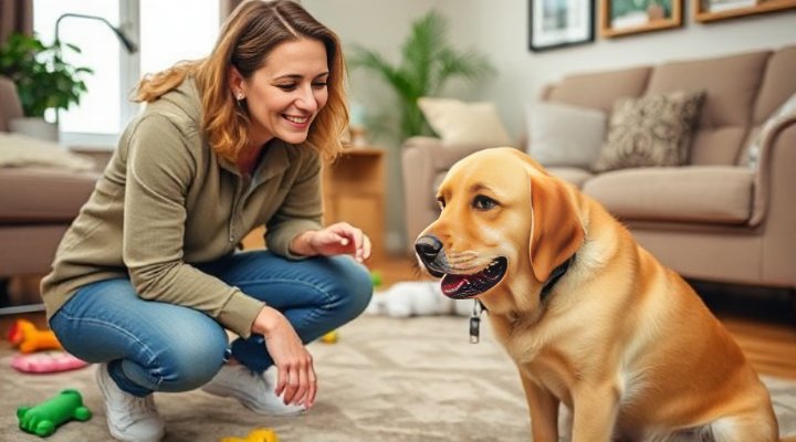 Dog behaviorist assessing a golden retriever