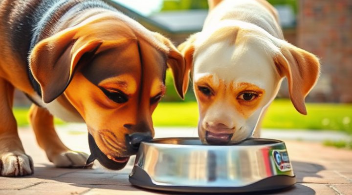 A happy dog eating from a bowl