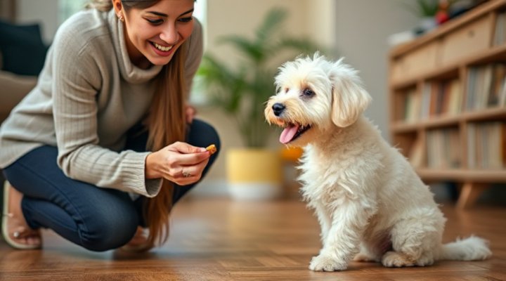 A small dog learning to sit with a treat in hand