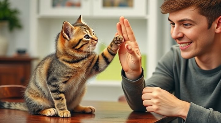 A playful tabby cat high-fiving its owner