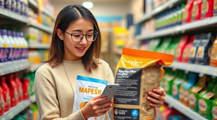 A person carefully reading cat food ingredient labels