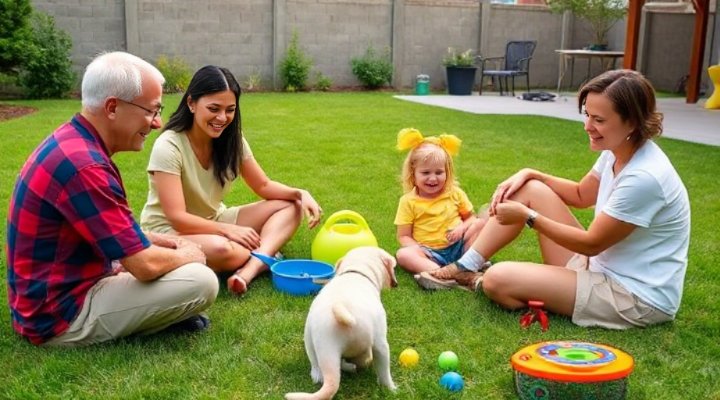 A family of four happily working together to train their new Labrador puppy in their backyard
