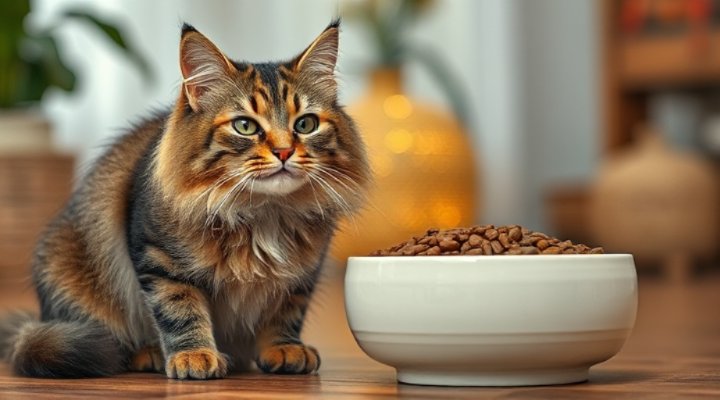 A happy cat enjoying a meal of high-quality cat food