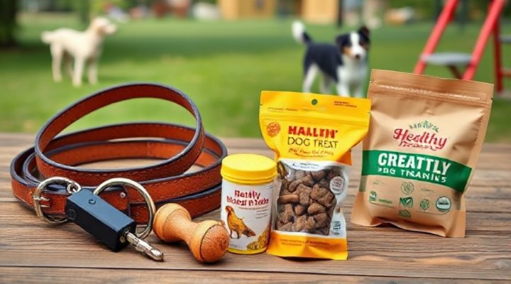 Essential dog training tools like leashes, clickers, and treats