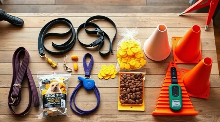 Various dog training tools and equipment laid out neatly