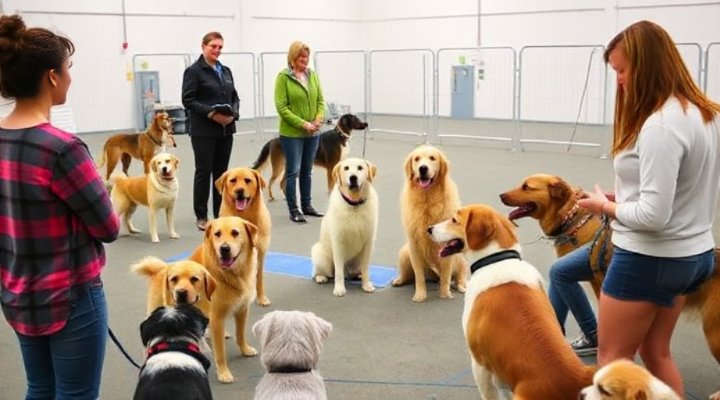 Multiple dogs and their owners participating in a group training class