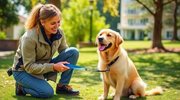 A happy golden retriever sitting with a professional dog trainer in a park
