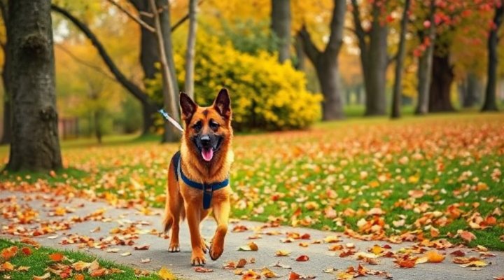 German shepherd walking politely on leash during training