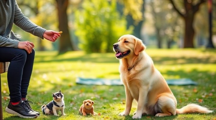 A happy golden retriever sitting obediently during a training session
