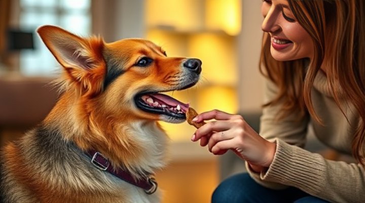 A dog receiving a treat for following a command correctly