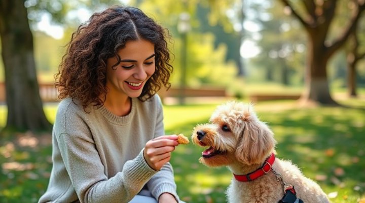 Owner rewarding dog with treat for good behavior