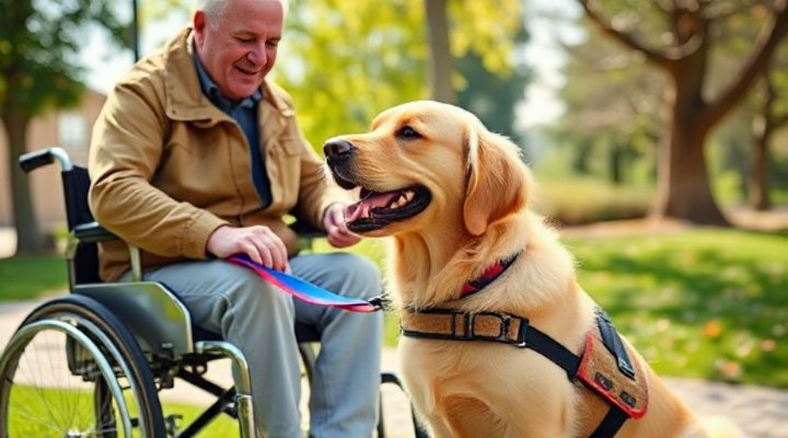 A golden retriever service dog helping a person in a wheelchair