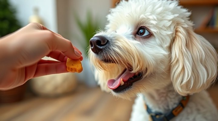 Close-up of a hand giving a small treat to a happy-looking poodle during training