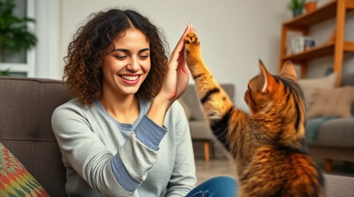A woman gently teaching her tabby cat to give a high-five during a training session
