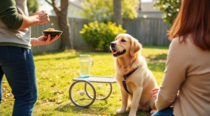 A golden retriever happily performing a sit command during training