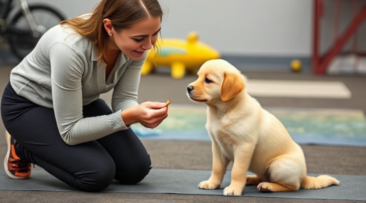 A professional trainer teaching basic commands to a young puppy