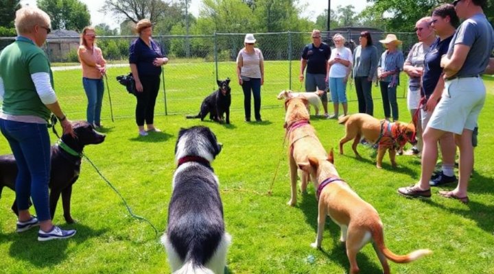 A group of dogs and owners participating in an obedience class