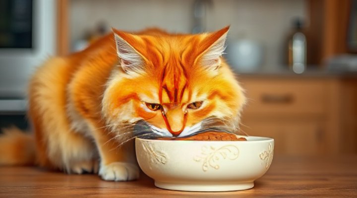 A happy cat enjoying a bowl of nutritious cat food