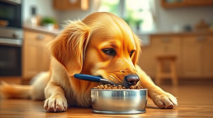 A happy golden retriever enjoying a bowl of Farmer