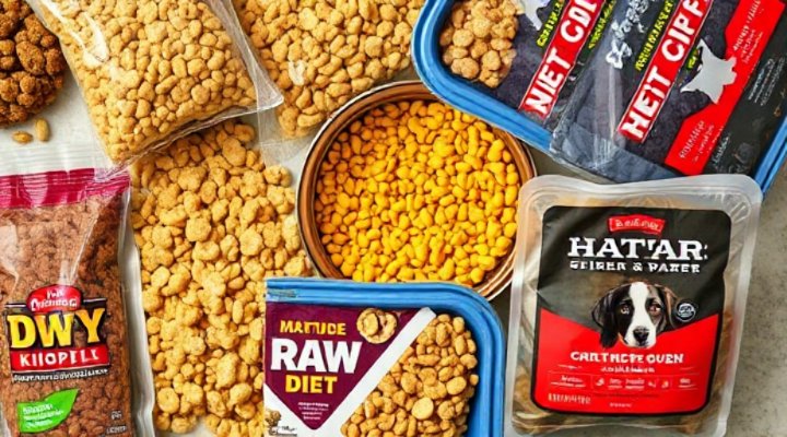 Different types of dog food laid out for comparison