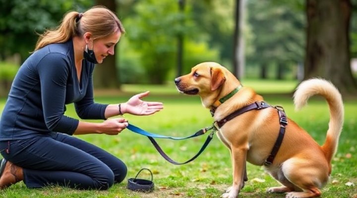 A professional dog behaviorist working with a dog on leash