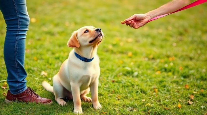 A small puppy learning to sit during a training session