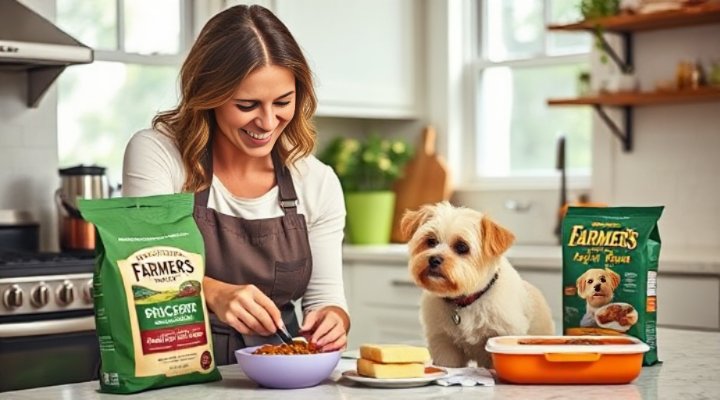 A loving dog owner preparing a meal with Farmer
