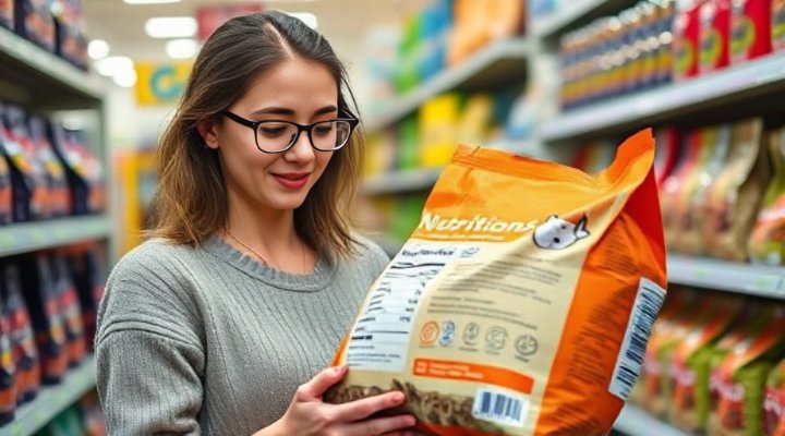 Woman carefully reading the label on a bag of cat food