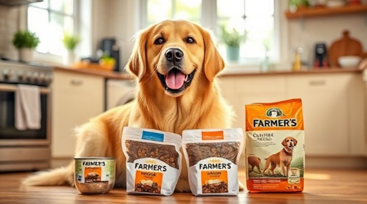 A happy golden retriever enjoying a bowl of Farmer