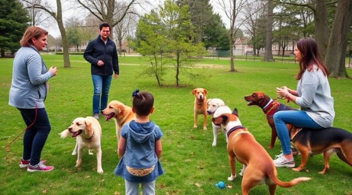 Group of dogs and owners participating in a local dog training class