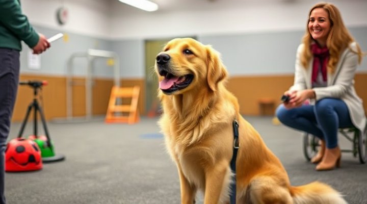 A golden retriever happily following commands at a dog training center