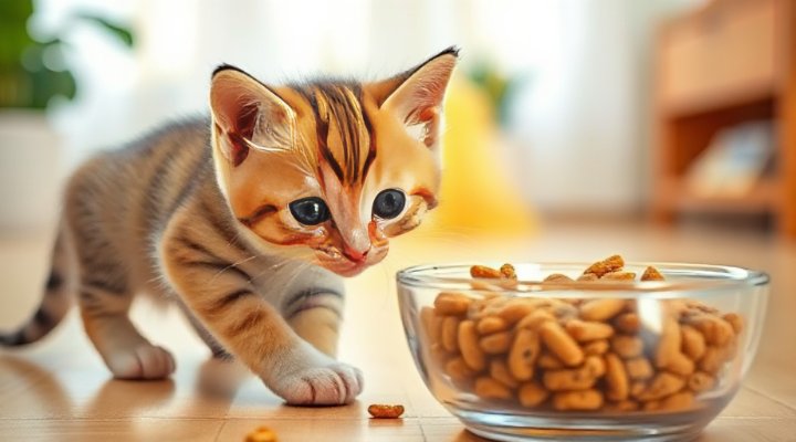 A playful kitten with kitten food