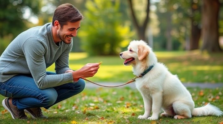 Owner training dog with treats