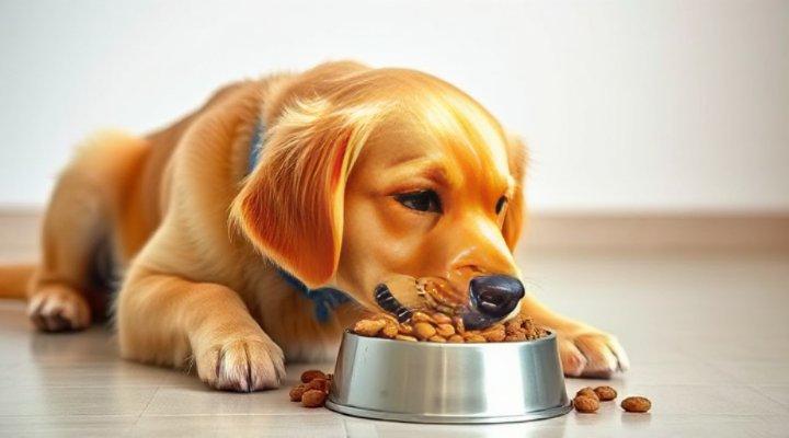A happy golden retriever eating a bowl of nutritious dog food