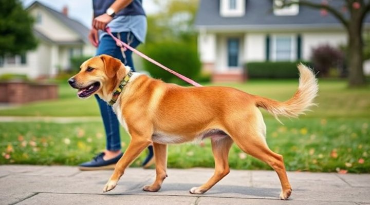 A dog walking obediently beside its owner on a leash