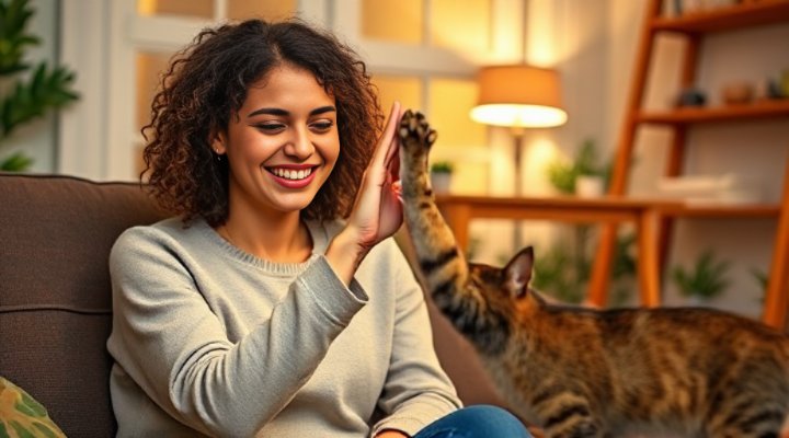 A young woman happily teaching her tabby cat to give a high-five during a training session at home