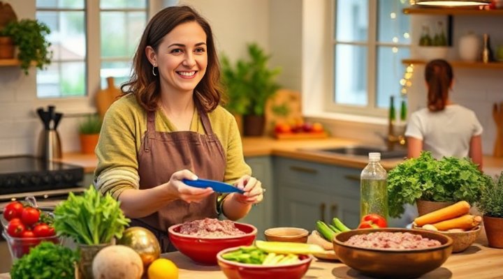 A caring woman preparing homemade raw food for her dog in the kitchen