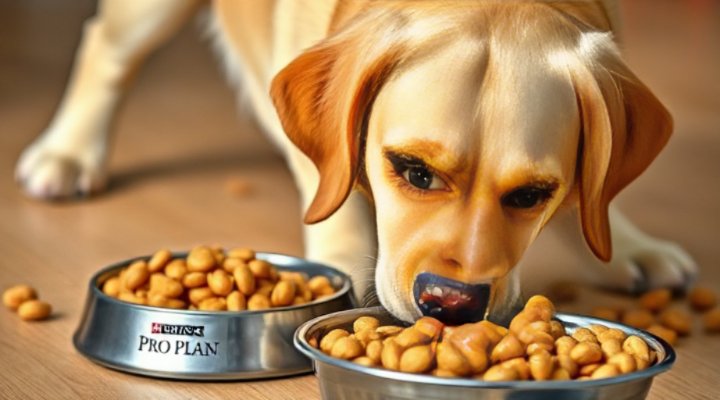 A dog happily eating Purina Pro Plan dog food