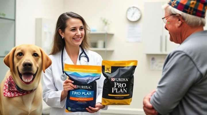 Professional veterinarian recommending Purina Pro Plan