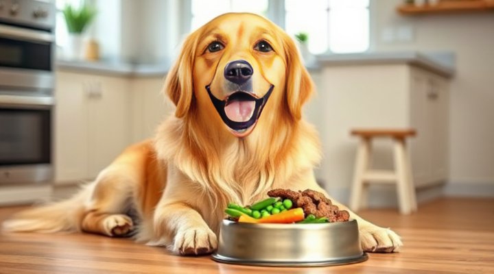 A happy golden retriever enjoying a bowl of fresh dog food
