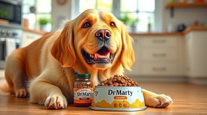 A happy golden retriever enjoying a bowl of Dr Marty dog food