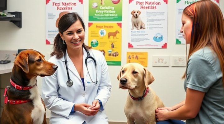 A caring veterinarian explaining raw dog food options to a pet owner
