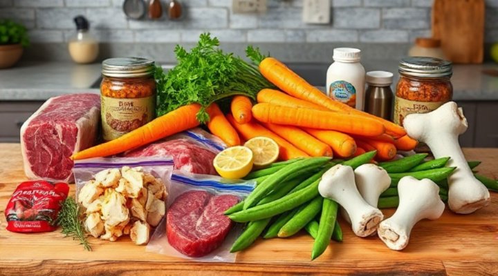 Assortment of fresh ingredients for raw dog food including meat, vegetables, and bones