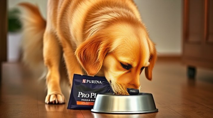 Golden retriever enjoying Purina Pro Plan dog food