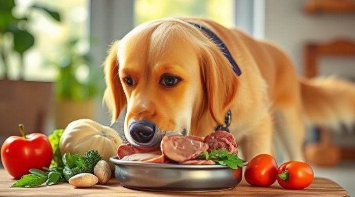 A happy golden retriever enjoying a bowl of raw dog food