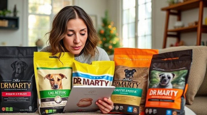 A thoughtful dog owner comparing Dr Marty dog food with other brands