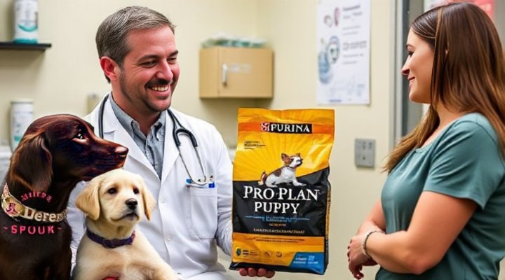 A veterinarian discussing Purina Pro Plan puppy food benefits with a pet owner