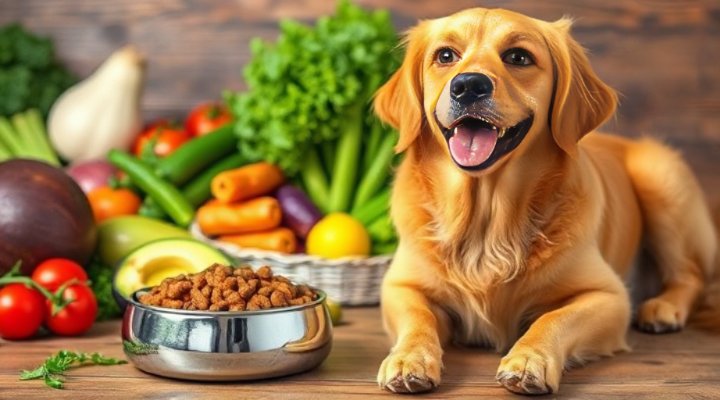 A happy golden retriever eating a bowl of healthy dog food