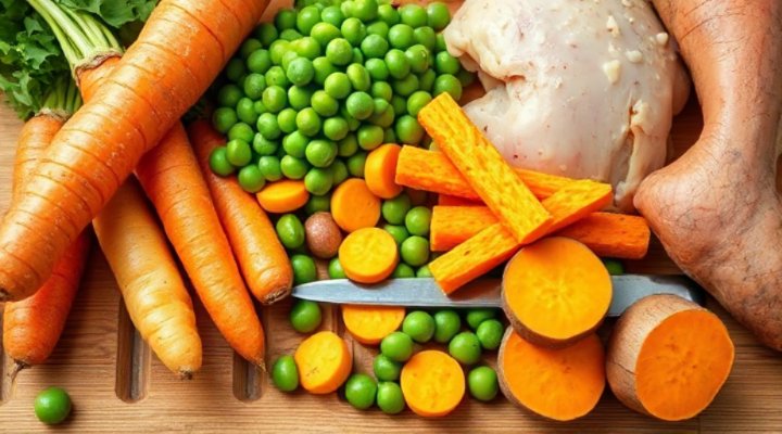 Close-up of fresh, high-quality dog food ingredients